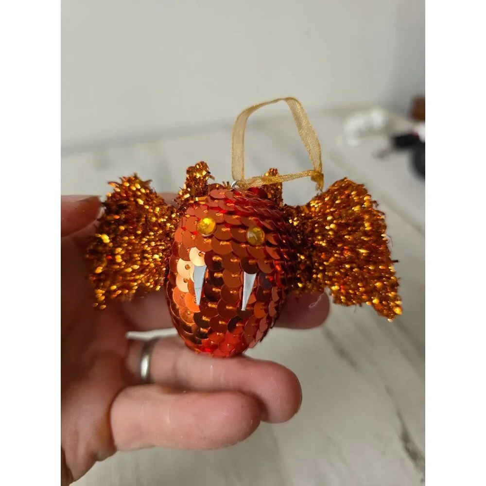 Vintage Pier 1 orange bat glitter‎ sequin ornament Halloween decor